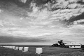 Haybails-in-field-opposite-timber-house-The-Catlins--New-Zealand